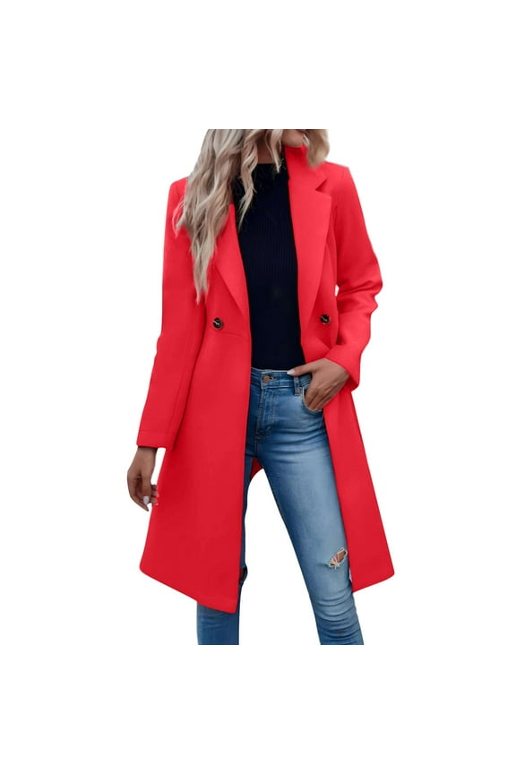 Women's Double-Breasted Long Coat Stylish Red Overcoat for Winter, Warm and Elegant Outerwear