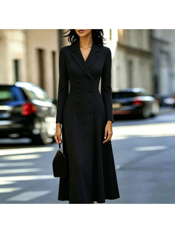 Women's Double Breasted Long Dress Blazer Party Prom Peak Lapel Coat