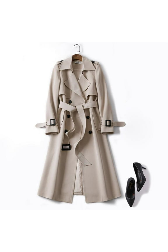 Women's Double Breasted Long Trench Coat Belted Notch Lapel Overcoat Windproof Classic Outerwear