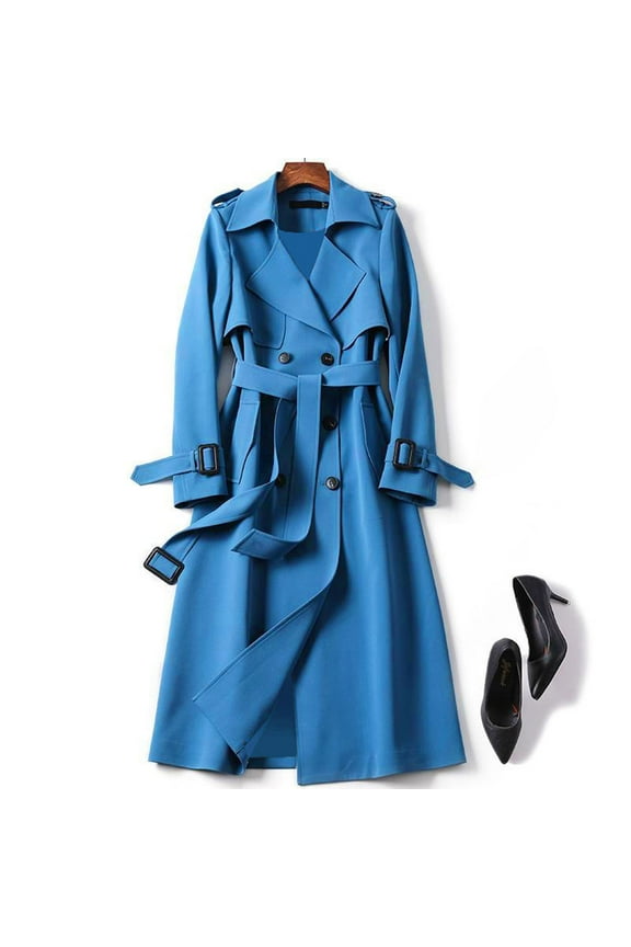 Women's Double Breasted Long Trench Coat Belted Notch Lapel Overcoat Windproof Classic Outerwear