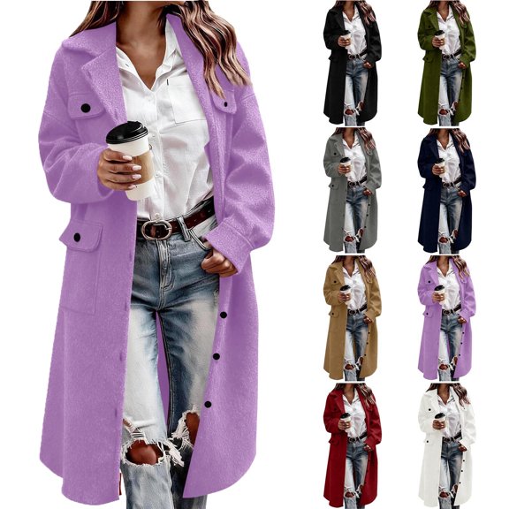 Women's Double Breasted Long Trench Coat Lady's Fashion Lapel Solid Color Woolen Pocket Long-sleeve Button Cardigan Coat Top Holiday Gift Finder Purple XXL