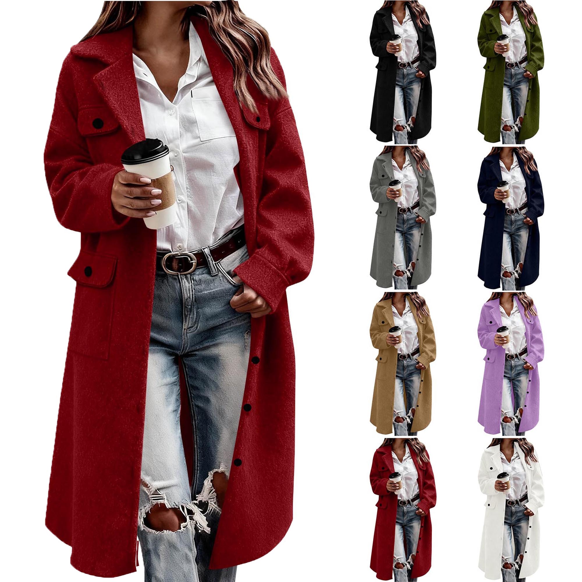Women's Double Breasted Long Trench Coat Lady's Fashion Lapel