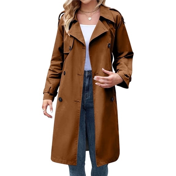 Women's Double Breasted Long Trench Coat Windproof Classic Lapel Slim Overcoat with Belt Brown XL