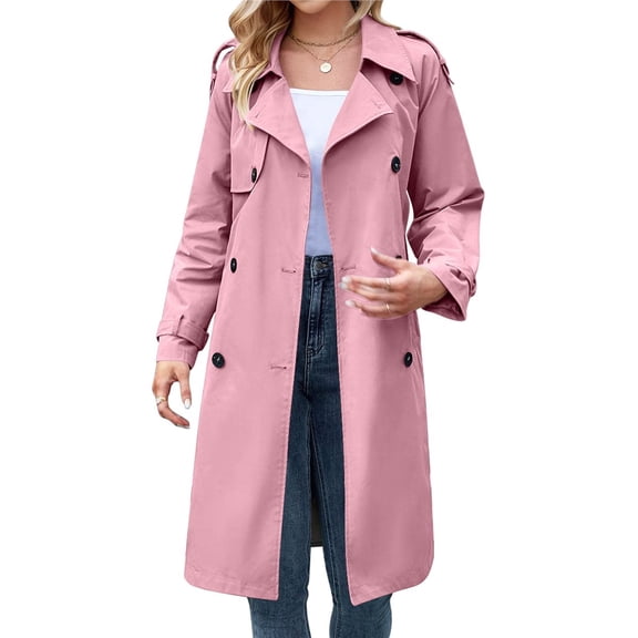 Women's Double Breasted Long Trench Coat Windproof Classic Lapel Slim Overcoat with Belt Pink XL
