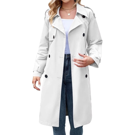 Women's Double Breasted Long Trench Coat Windproof Classic Lapel Slim Overcoat with Belt White XXL