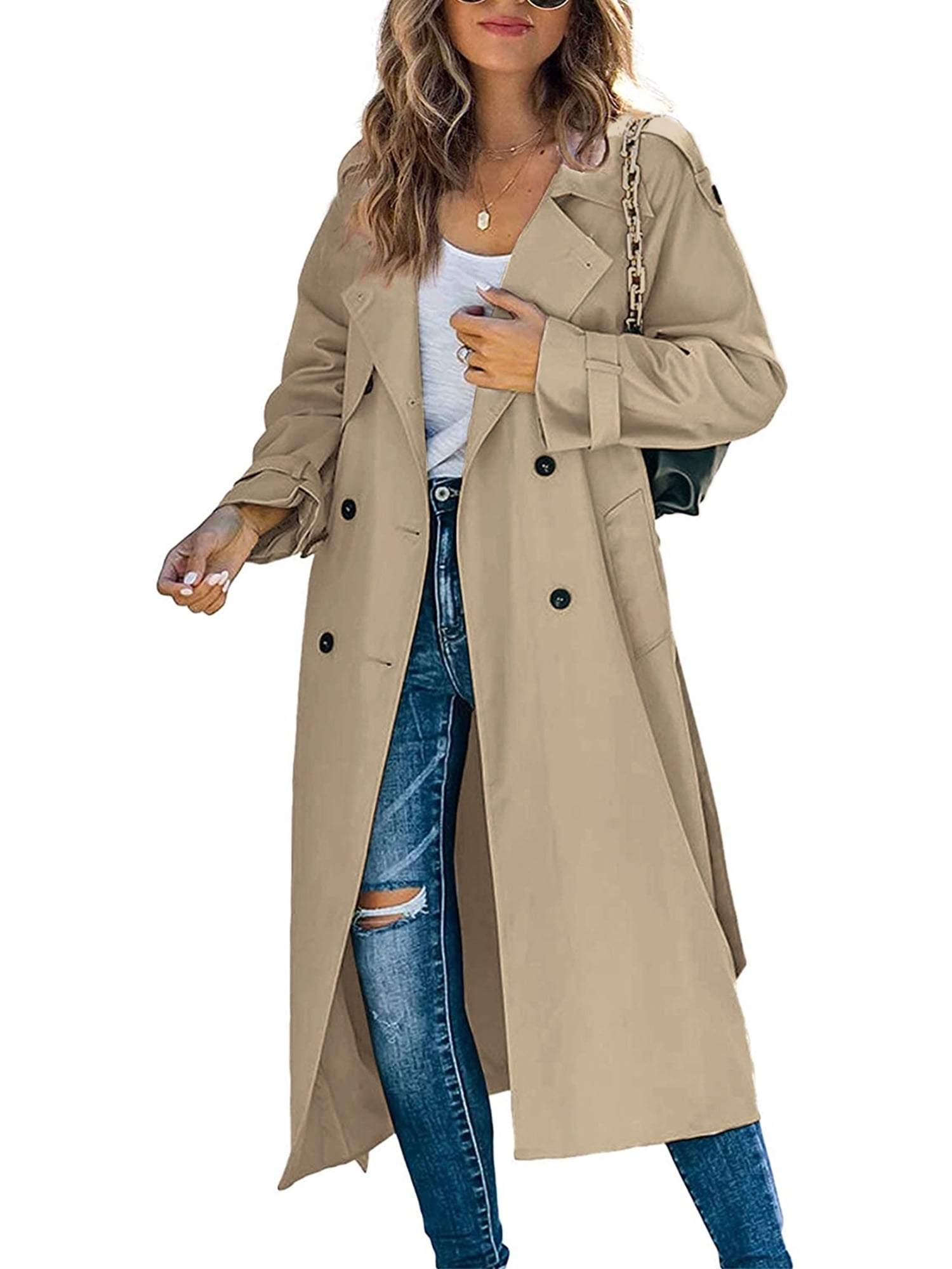 Women's Double Breasted Long Trench Coat Windproof Classic Lapel Slim ...