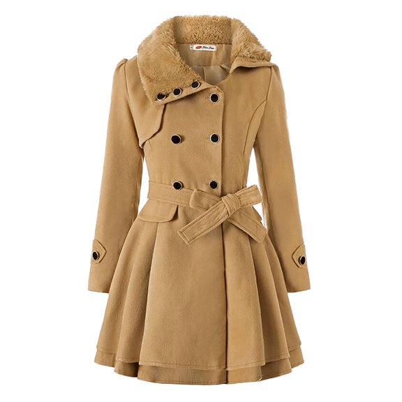 Women's Double-Breasted Mid-Length Woolen Coat - Asymmetrical Hem Cloak Style Outerwear, Black, L