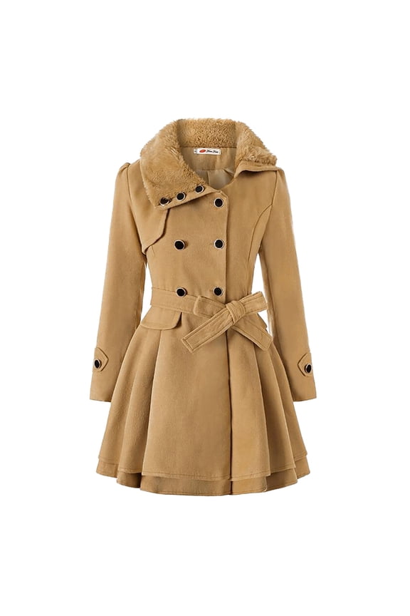 Women's Double-Breasted Mid-Length Woolen Coat - Asymmetrical Hem Cloak Style Outerwear, Black, S