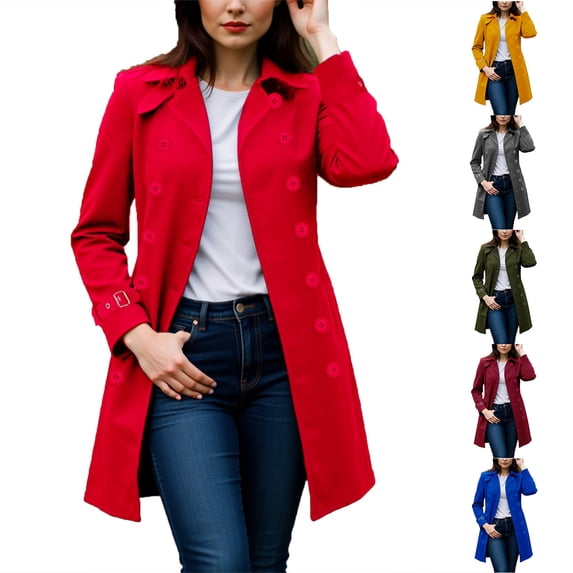Women's Double Breasted Notch Lapel Trench Coat Long Sleeve Mid-Length Outerwear Jacket with Cuff Buckles Classic Casual Solid Color Waterproof Windbreaker | CSEONE,Dark Blue XL