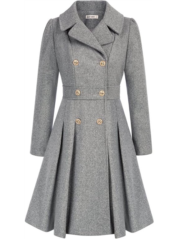 Women's Double-Breasted Pea Coat - Lapel Collar, A-Line Cut, with Pockets & Lining
