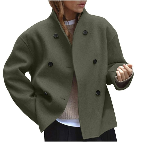 Women's Double Breasted Peacoat Retro Pure Color Coats Long Sleeve Cropped Tops Plus Size Open Front Jackets Stylish Womens Autumn Outfits Overcoat Business Casual Blazer Jacket