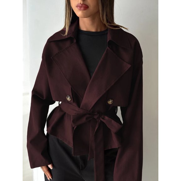 Women's Double-Breasted Trench Coat, Solid Dark Brown Lapel Collar Long Sleeve Elegant Casual Office Outerwear for Fall
