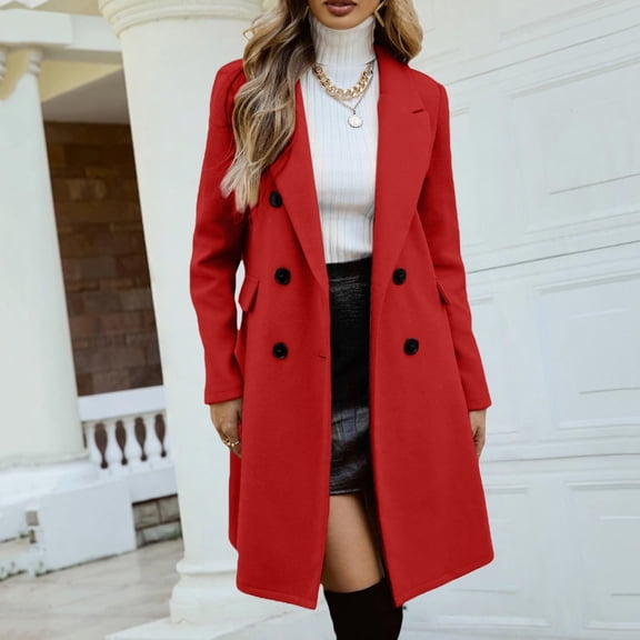 Women's Double Breasted Wool Blend Coat, Notch Lapel Trench Coat, Warm Winter Overcoat, Classic Long Coat, Fall Winter Pea Coat, Elegant Outerwear, Thick Tweed Jacket Red