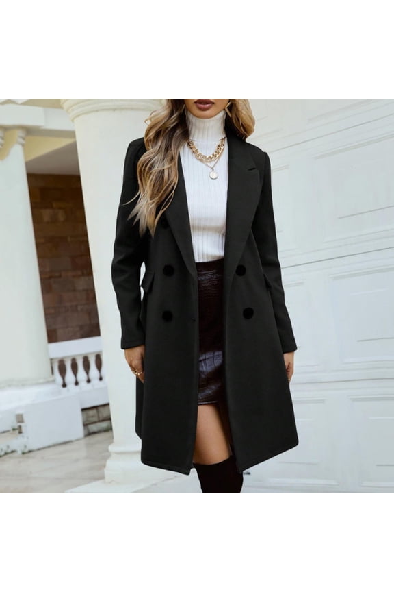 Women's Double Breasted Wool Blend Coat, Notch Lapel Trench Coat, Warm Winter Overcoat, Classic Long Coat, Fall Winter Pea Coat, Elegant Outerwear, Thick Tweed Jacket Black