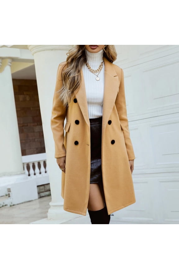 Women's Double Breasted Wool Blend Coat, Notch Lapel Trench Coat, Warm Winter Overcoat, Classic Long Coat, Fall Winter Pea Coat, Elegant Outerwear, Thick Tweed Jacket Khaki