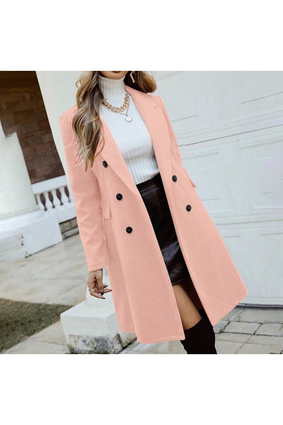 Women's Double Breasted Wool Blend Coat, Notch Lapel Trench Coat, Warm Winter Overcoat, Classic Long Coat, Fall Winter Pea Coat, Elegant Outerwear, Thick Tweed Jacket Pink