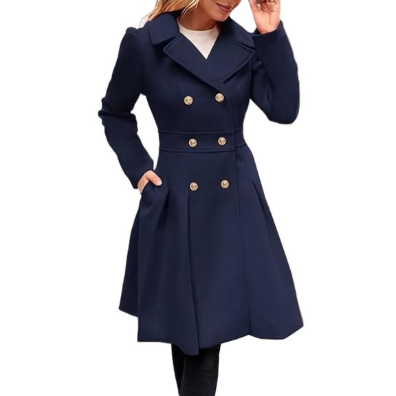Women's Double-Breasted Wool Blend Peacoat Elegant Long Sleeve Winter Overcoat with Pockets and Stylish Buttons