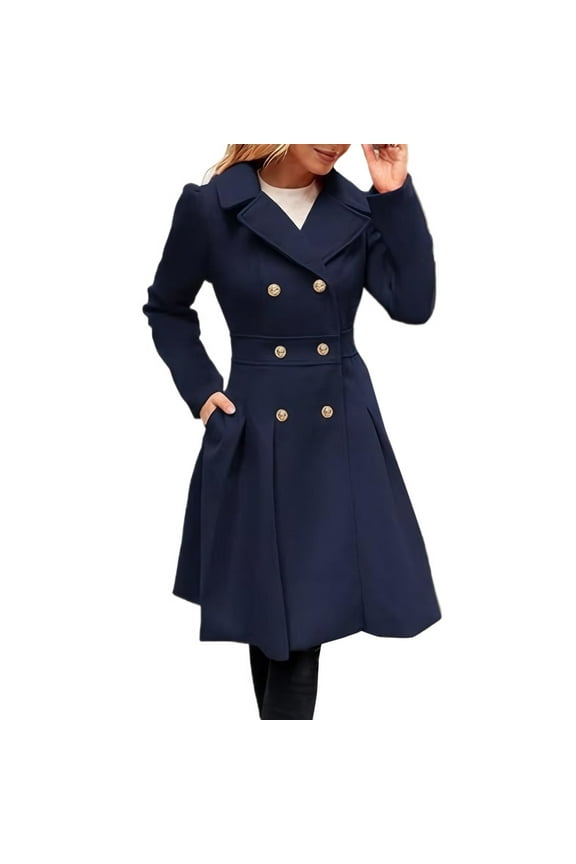 Women's Double-Breasted Wool Blend Peacoat Elegant Long Sleeve Winter Overcoat with Pockets and Stylish Buttons