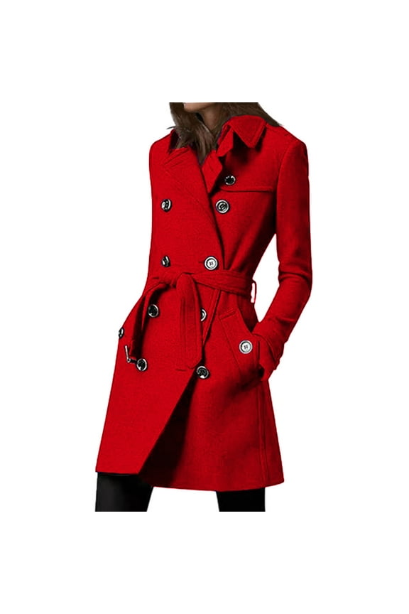 Women's Double-Breasted Wool Blend Trench Coat Stylish Long Overcoat with Belt and Pockets, Red
