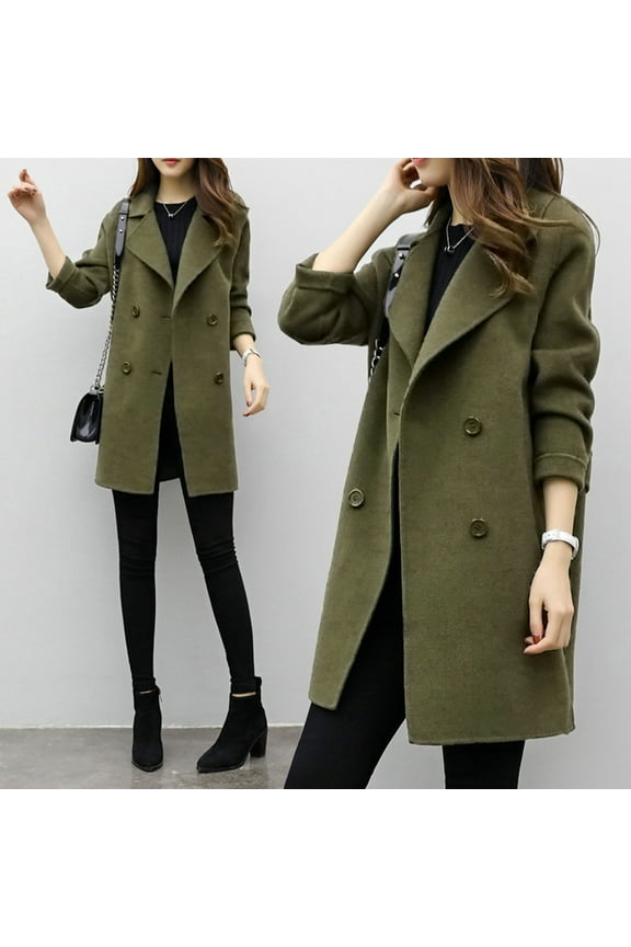 Women's Double Breasted Wool Coat, Mid-Length Pea Coat, Slim Fit Trench Coat Alternative, Casual Office Wear, Fall Winter Jacket Green XXL