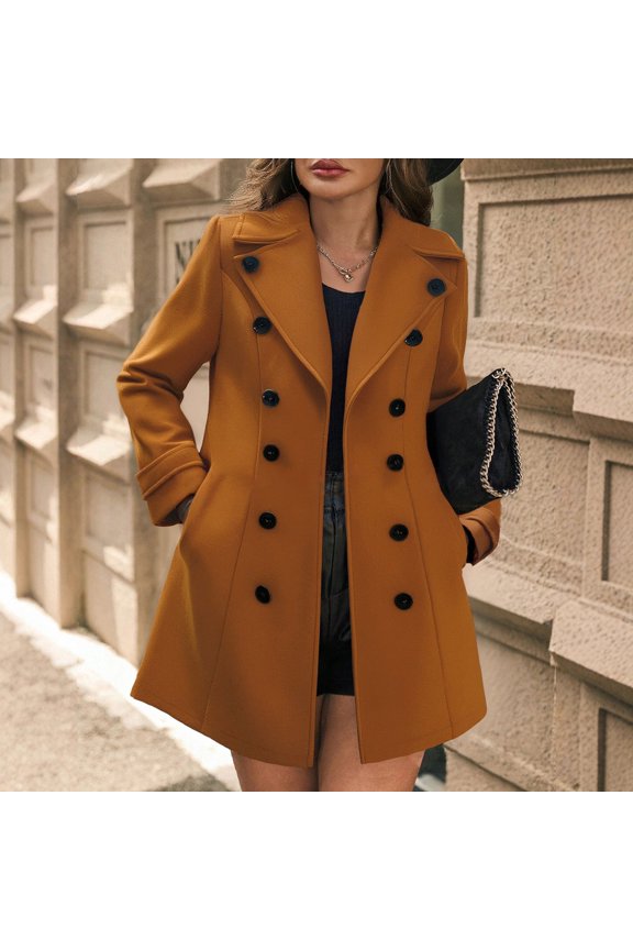 Women's Double Breasted Wool Coat, Notch Lapel Winter Overcoat, Knee Length Slim Fit Trench, Tailored Wool Blend Coat, Business Casual Outerwear Coffee S
