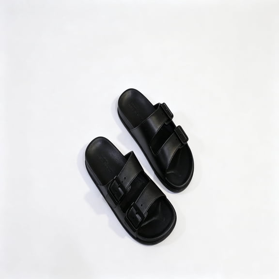 Women's Double Buckle Adjustable Eva Slide Sandals, Comfort Open Toe, Black/White