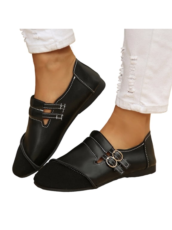 Women's Double Buckle Loafer Flats, Contrast Toe Dress Shoes, Non Slip Business Casual Shoes Wide Width Available