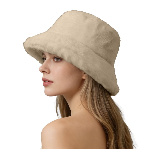 Women's Double Face Fleece Bucket Hat, Plush Warm Winter Hat with Wide Brim, Soft Sun Hat for Outdoor Cold Weather, Cozy Unisex Beanie Alternative Beige