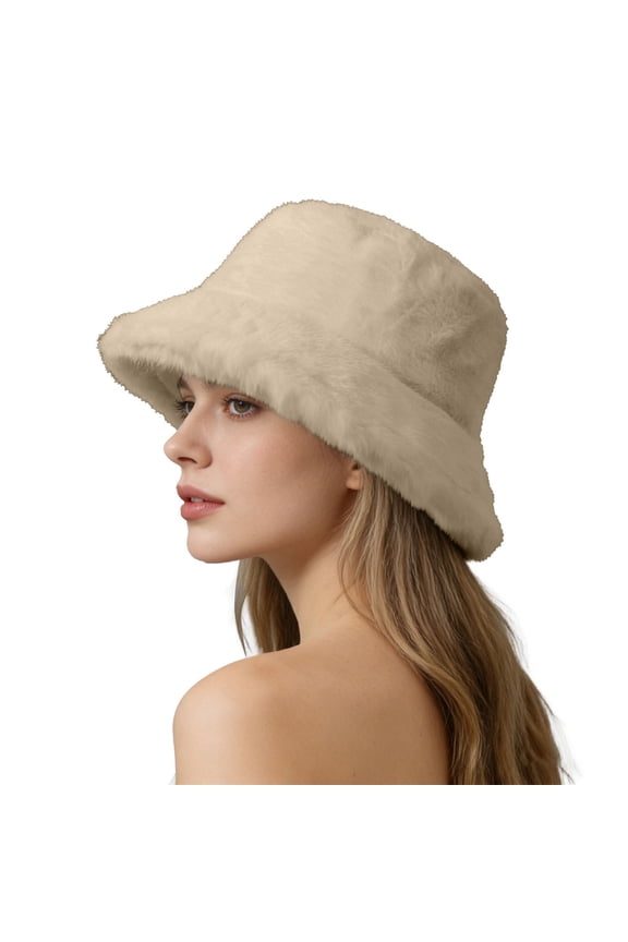 Women's Double Face Fleece Bucket Hat, Plush Warm Winter Hat with Wide Brim, Soft Sun Hat for Outdoor Cold Weather, Cozy Unisex Beanie Alternative Beige
