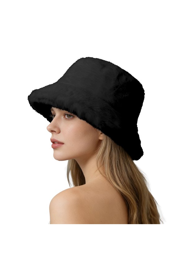 Women's Double Face Fleece Bucket Hat, Plush Warm Winter Hat with Wide Brim, Soft Sun Hat for Outdoor Cold Weather, Cozy Unisex Beanie Alternative Black