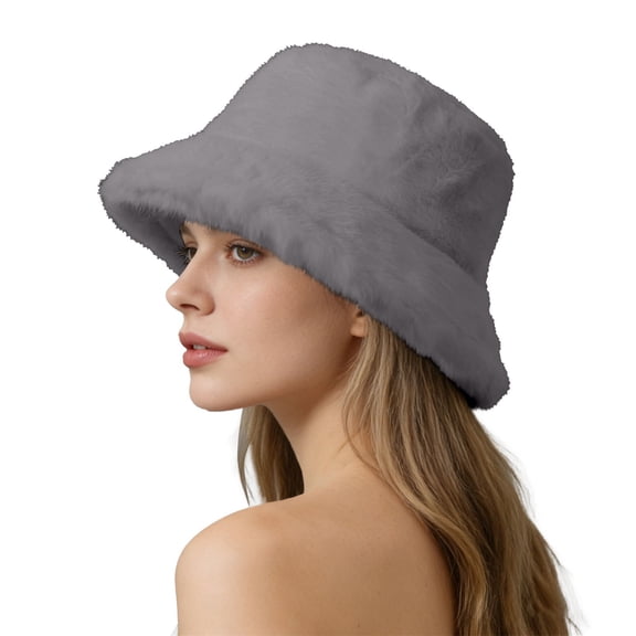 Women's Double Face Fleece Bucket Hat, Plush Warm Winter Hat with Wide Brim, Soft Sun Hat for Outdoor Cold Weather, Cozy Unisex Beanie Alternative Grey