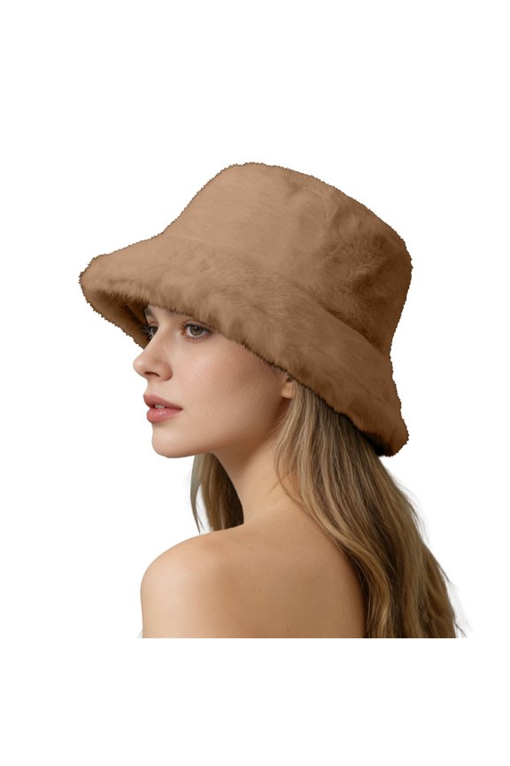 Women's Double Face Fleece Bucket Hat, Plush Warm Winter Hat with Wide Brim, Soft Sun Hat for Outdoor Cold Weather, Cozy Unisex Beanie Alternative Khaki