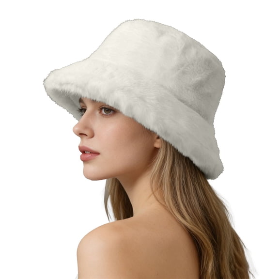 Women's Double Face Fleece Bucket Hat, Plush Warm Winter Hat with Wide Brim, Soft Sun Hat for Outdoor Cold Weather, Cozy Unisex Beanie Alternative White