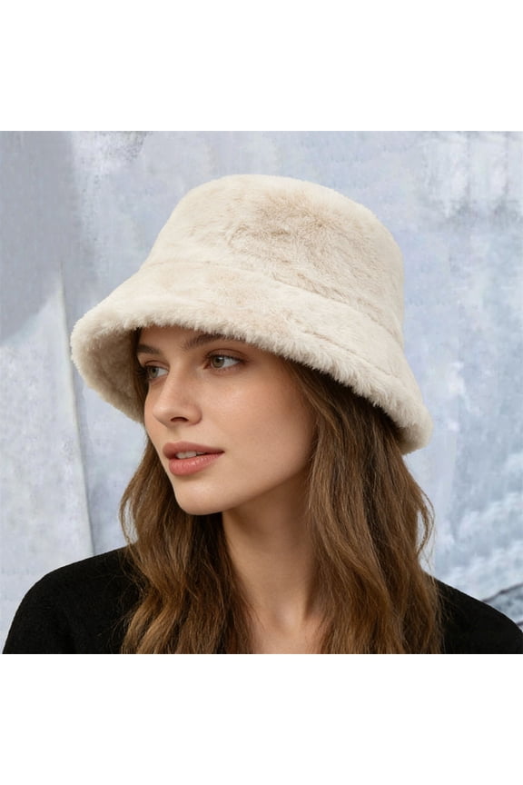 Women's Double Face Fleece Bucket Hat, Plush Warm Winter Hat with Wide Brim, Soft Casual Sun Hat for Cold Weather Outdoor and Daily Wear Beige
