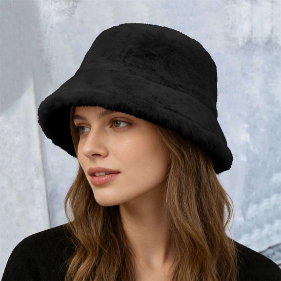 Women's Double Face Fleece Bucket Hat, Plush Warm Winter Hat with Wide Brim, Soft Casual Sun Hat for Cold Weather Outdoor and Daily Wear Black