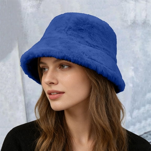 Women's Double Face Fleece Bucket Hat, Plush Warm Winter Hat with Wide Brim, Soft Casual Sun Hat for Cold Weather Outdoor and Daily Wear Blue