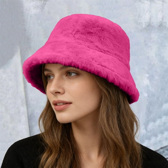 Women's Double Face Fleece Bucket Hat, Plush Warm Winter Hat with Wide Brim, Soft Casual Sun Hat for Cold Weather Outdoor and Daily Wear Hot Pink