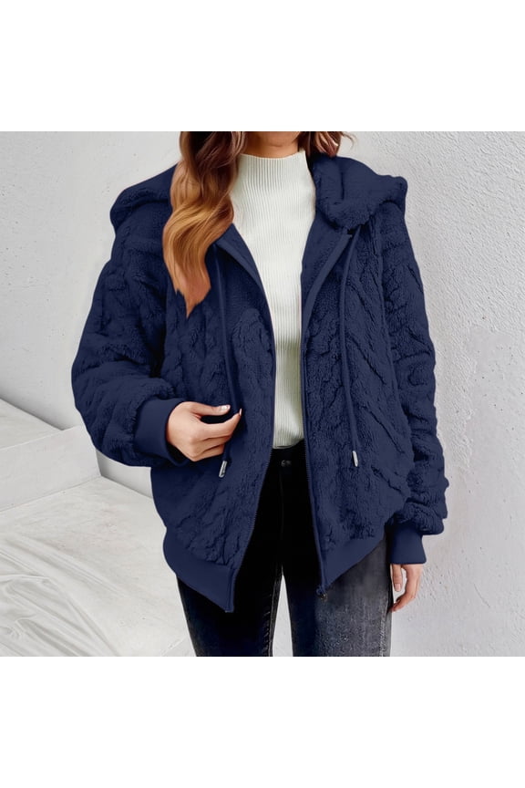 Women's Double Faced Fleece Jacket, Solid Color Zip Up Hoodie, Oversized Casual Coat, Winter Fall Outerwear, Fleece Lined Hooded Jacket, Warm Loungewear, Everyday Wear Navy XXL