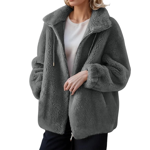 Women's Double-Faced Fleece Jacket, Stand Collar Zip Up Coat, Thickened Plush Lined Outerwear for Women, Soft Winter Jacket with Full Zipper, Warm Casual Long Sleeve Top Dark Gray M