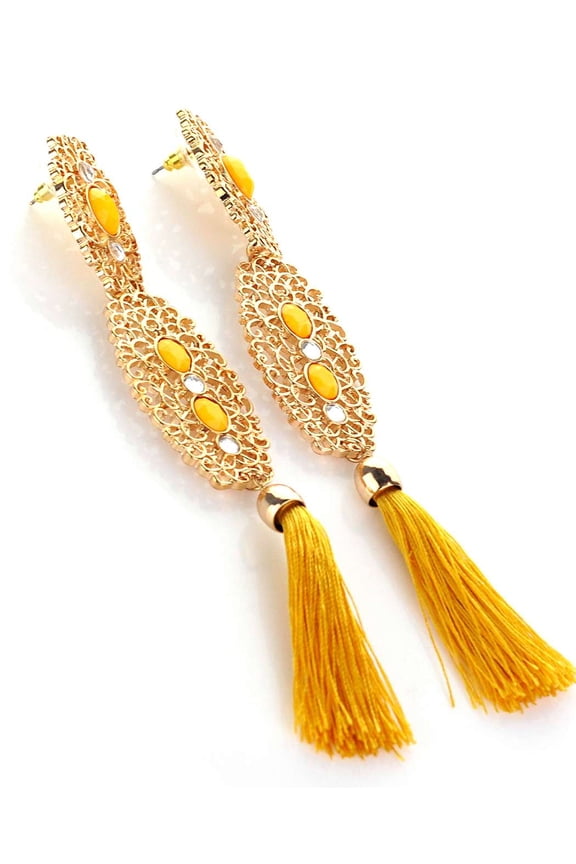 Women's Double Filigree Stone Stud Tassel Dangle Pierced Earrings, Yellow/Gold-Tone