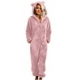 thumbnail image 1 of Women's Double Fleece Pajama Jumpsuit Long Sleeve Zip Up Solid Elastic Cuffed Homewear with Pockets Pink 3XL, 1 of 5