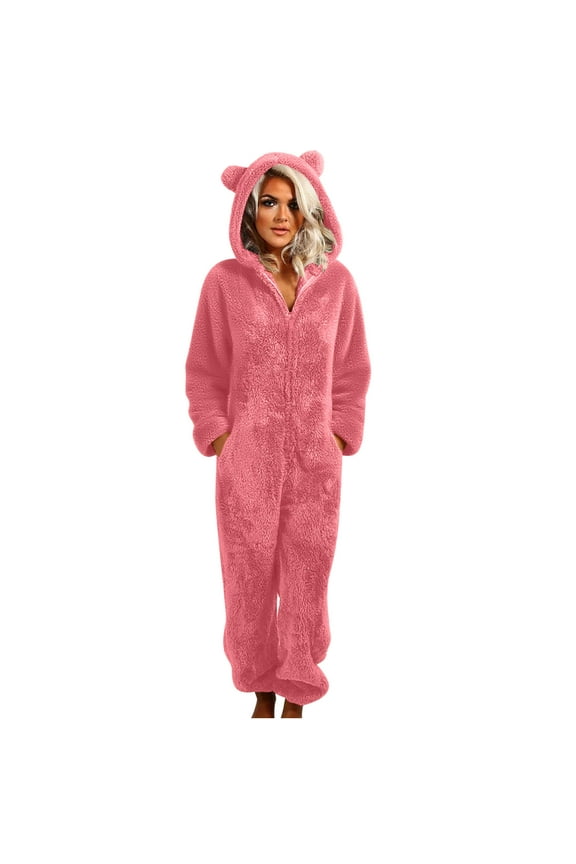 Women's Double Fleece Pajama Jumpsuit Long Sleeve Zip Up Solid Elastic Cuffed Homewear with Pockets Watermelon Red 3XL