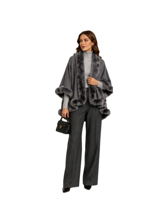 Women's Double Layer Cape Shawl, Plus Size Open Front Poncho Cardigan Wrap Coat