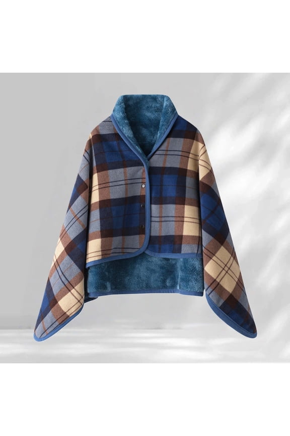 Women's Double Layer Coral Fleece Plaid Blanket with Plush Lining, Winter Warm Shawl Wrap, Thermal Throw with Soft Fleece Backing, Home Office Companion, Cozy Lap Blanket - Blue