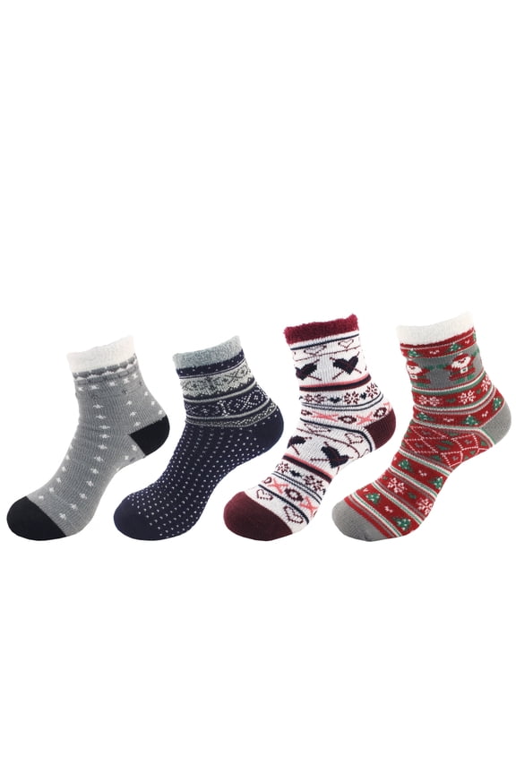 Women's Double Layer Extra Thick Cozy Warm Fuzzy Comfy Cabin Socks, 4 Pairs - Assortment N