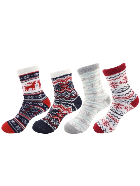Women's Double Layer Extra Thick Cozy Warm Fuzzy Comfy Cabin Socks, 4 Pairs - Assortment O