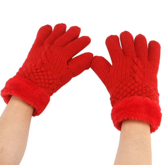 Women's Double Layer Knitted Gloves, Thickened Fleece Lined Winter Warm Gloves, Thermal Outdoor Riding Gloves with Touchscreen Function, Five Finger Cold Weather Activity Gloves Red