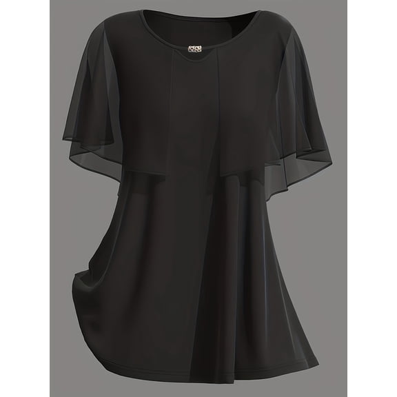 Women's Double-Layer Mesh Cape Sleeve Tunic Top, Round Keyhole Neck Loose Flow Blouse with Side Pockets