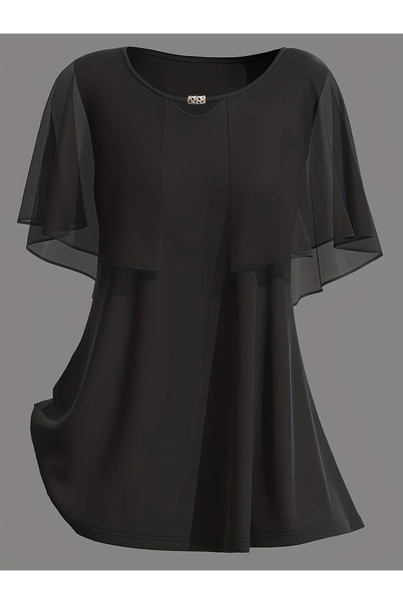Women's Double-Layer Mesh Cape Sleeve Tunic Top, Round Keyhole Neck Loose Flow Blouse with Side Pockets