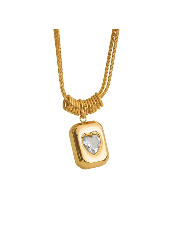 Women's Double-Layer Snake Bone Chain Necklace Vintage Geometric Heart-Shaped Cubic Zirconia Pendant, Elegant Jewelry